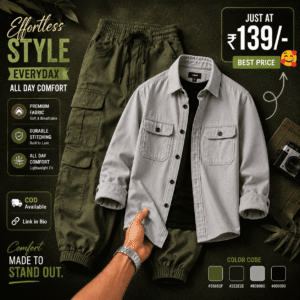 Olive Green Cargo Pants & Light Grey Overshirt Combo