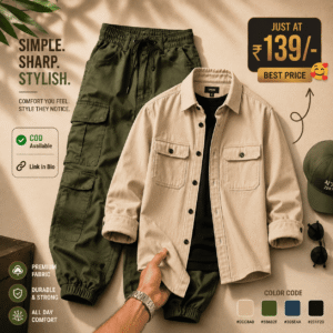 Olive Green Cargo Pants & Khaki Overshirt Combo